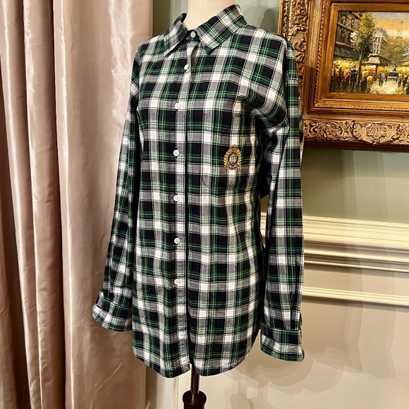 EUC Womens Ralph Lauren Green Navy Plaid Button Up Top Shirt w/ Crest Size 16 - Picture 1 of 3